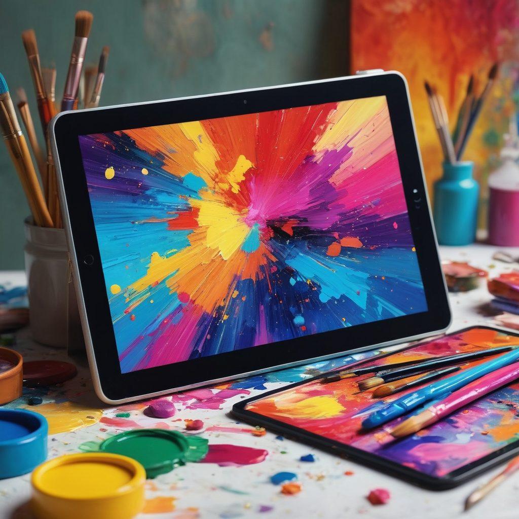 A captivating blend of digital pixels turning into vibrant paintbrush strokes, creating a stunning visual transition from technology to traditional art. Include elements like a digital tablet, scattered colorful paint splotches, and a canvas emerging from a burst of pixels. The background should be a harmonious mix of both digital and traditional art supplies. Illustrate a strong contrast between the sharpness of digital art and the fluidity of painted textures. vibrant colors. super-realistic.